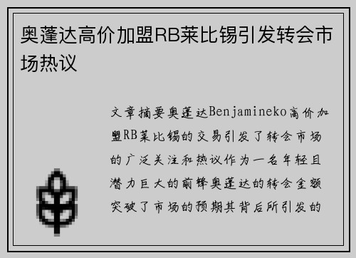 奥蓬达高价加盟RB莱比锡引发转会市场热议
